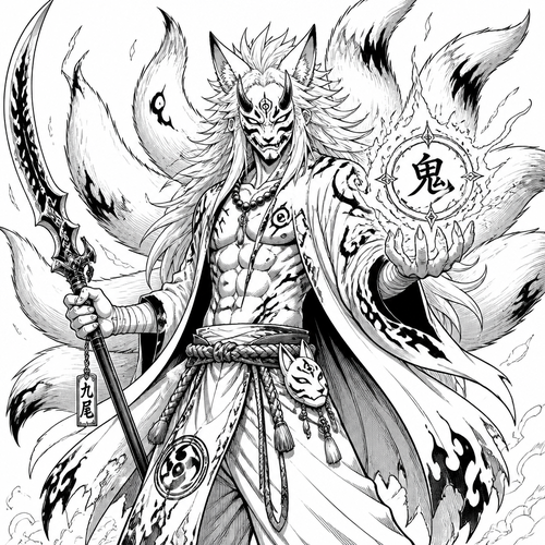 Oni Nine tailed fox humanoid with a weapon in one hand and in the other hand is holding a symbol made out of power medium  level to trace