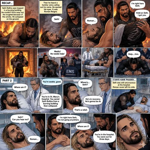 (Recap) Seth Rollins was trapped in a burning building,he couldn’t find a way out,he coughed because of the smoke,he collapsed on the ground,then he heard a familiar voice calling out his name,He opened his eyes,it was Roman Reigns,Seth weakly called out Roman’s name,Roman Rushed over to Seth,”I’m right here Seth” said Roman,he lifted Seth in his arms,”Hold on Seth,I got you” Roman said to Seth”,Roman runs towards an exit,he made it out,He runs to an ambulance with Seth in his arms,”Medic! He needs help!” Roman yelled,he puts Seth on a gurney,the paramedics wheel Seth to an ambulance,the adrenaline that Roman had wore off,”Help….him” said Roman,then….he collapsed on the ground,another team of paramedics rushed to Roman. (And now part 2). Roman woke up at the hospital. A doctor walked in. “You’re awake,good” said the doctor. “Where am I?” Roman asked. “You’re in st. Mary’s hospital,You Saved Seth Rollins from a burning building then collapsed” said the doctor. “Where’s…Seth?” Roman asked. “He’s in recovery,He’s gonna be ok” said the doctor. Roman was relieved. 3 days have passed,Seth was still unconscious at the hospital. Roman never left his side. Seth slowly woke up. “Seth? Can you hear me?” Roman asked softly. Seth spoke weakly “Roman”. Roman gently held Seth’s hand. “I’m right here Seth,I’m not going anywhere” Roman said softly. “Where am I?” Seth asked weakly. Roman gently stroked Seth’s head. “You’re in the hospital,You were out for three days” Roman said Softly. Seth looked at Roman