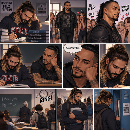 Seth Rollins was a college student,He spent all his time studying. He thought he was going to be alone forever…but then one day….Everything changed. He just arrived In math class,He sat at his usual desk…then along came Damien Priest,The bad boy on campus. The girls were gushing and giggling all over him. Seth was just trying to focus on studying and taking notes. Damien sat on the desk next to Seth. Minutes passed,Everyone was focused on the math lesson…everyone…except Damien. He was focused on only one thing…Seth. He was looking at Seth like he was the most beautiful angel he’s ever seen. “So beautiful” Damien said in his mind. 3 minutes later,The bell rang meaning that it’s the end of class,Everyone left the class. Seth walked to his locker while carrying his notebooks,He arrived at his locker