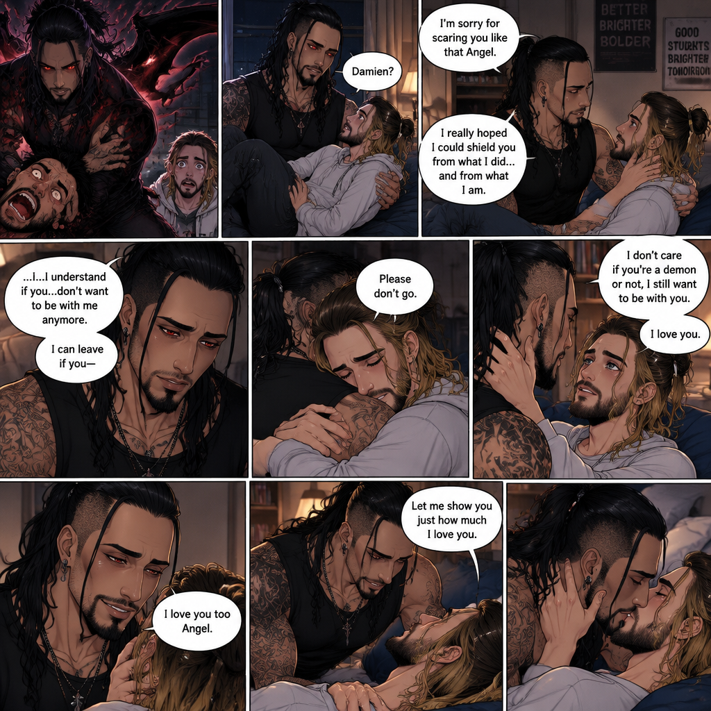 (Recap). Seth Rollins (College student) and Damien Priest (The bad boy) had been dating for 3 months now,Damien had been acting strangely possessive and protective of Seth,Anyone who ever picked on Seth had mysteriously disappeared,Nobody knew why,One night Seth just finished his homework assignment,He was about to get ready for bed,then he heard a scream,He ran outside to investigate,When he got to the source of the scream he saw A petty thief Getting attacked by some sort of demon,Seth got scared,The demon noticed Seth,Seth stumbled backward,The demon slowly walked towards Seth as if it didn’t want to scare him any further,Seth’s heart was pounding with fear,Then the demon spoke “Angel”,Seth’s eyes widened,There was only one person who calls him Angel,“Damien?” Seth asked,Damien Gently picked Seth up in his arms,He walked towards the dorm room with Seth In his arms. (And now Part 5). He arrived at the dorm room with Seth in his arms. He gently put Seth down on the bed. “I’m sorry for scaring you like that Angel” Damien said softly. “I really hoped I could shield you from what I did…and from what I am” Damien continued softly. Seth could tell that Damien was guilty. “..I…I understand if you…don’t want to be with me anymore” Damien said with a sad tone. “I can leave if you-“ Seth cuts Damien off with a hug. “Please don’t go” Seth said softly. Damien hugged him back. “I don’t care if you’re a demon or not,I still want to be with you” Seth said Softly. Damien’s heart fluttered a little. “I love you” Seth said Softly. Damien smiled softly. “I love you too Angel” Damien said softly. He gently pushed Seth on his back on the bed. “Let me show you just how much I love you” Damien said Seductively. Then he kissed Seth. (End of part 5)