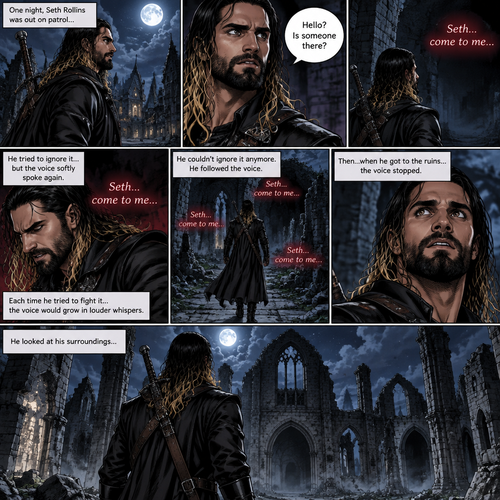 Seth Rollins is a vampire hunter,One night he was out on patrol…then….he heard someone…softly call out his name. “Hello?,Is someone there?” Seth called out. He saw nothing….then he heard it again,He tried to ignore it…but the voice softly spoke again “Seth…come to me”. He couldn’t ignore it anymore,he followed the voice. Each time he tried to fight it…the voice would grow in loud whispers,Then….when he got to the ruins…the voice stopped. He looked at his surroundings