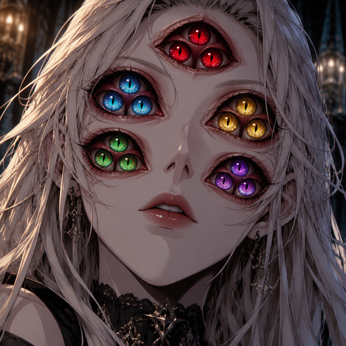 2 eye socket where they usually should be, under those are 2 more eye socket’s then has one more eye socket in the middle of forehead, every eye socket has 3 eyes in them the are in a triangle formation 