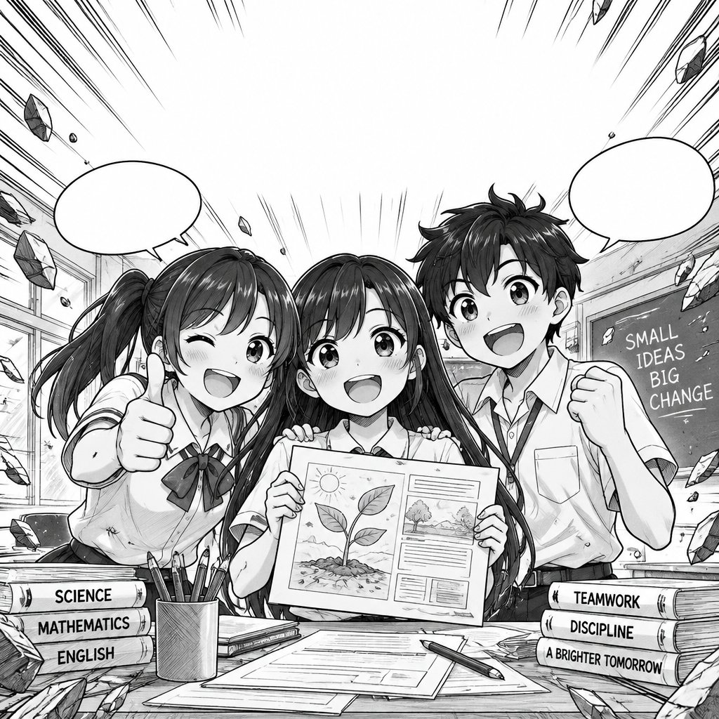 up their completed project with a proud smile, Ana smiles brightly and gives a small thumbs-up, and Carlo looks relieved and excited. Their desks have neatly organized papers, books, and pencils, showing that they worked hard together. They stand close together, showing friendship, teamwork, and accomplishment. Simple school uniforms, expressive anime faces, clean pencil outlines, light manga shading, easy-to-copy poses, and a simple classroom background. Leave enough blank space at the top for the title “7. ANG BUNGA NG PAGTUTULUNGAN” and small speech bubbles. Portrait composition, no color, student-friendly line art, not overly detailed, suitable for sketching by hand.