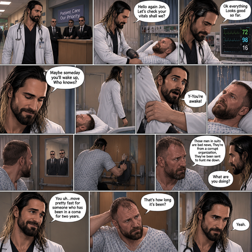 Seth Rollins is a Doctor. He had been looking after a patient (Jon Moxley) who had been in a coma for two years. One day he was walking to Jon’s room,Then he saw men in suits at the front desk. He thought nothing of it and kept walking. He entered Jon’s room. “Hello again Jon,Let’s check your vitals shall we?” Said Seth. He checks Jon’s vitals. “Ok everything Looks good so far” said Seth. He looked at Jon’s face. “Maybe someday you’ll wake up,Who knows?” Said Seth. He got up to leave the room….But a hand grabbed a hold of his wrist. Seth gasped. It was Jon,He’s wide awake and Looking at Seth. “Y-You’re awake” Said Seth. Then Jon carefully got up,Looked out the door and noticed the men in suits. His eyes widened and he shut the door and locked it. “What are you doing?” Seth asked. Jon spoke for the first time since the coma “Those men in suits are bad news,They’re from a corrupt organization,They’ve been sent to hunt me down”. Seth Fell silent,Processing what Jon just said. Jon moved quickly to barricade the door. “You uh…move pretty fast for someone who has been in a coma for two years” said Seth. Jon fell silent while processing that information. “That’s how long it’s been?” Jon asked. Seth nodded slowly