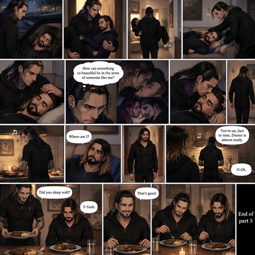 (Part 5 of the Vampire x human story) Jeff Hardy arrives at his house. He walks to the passenger side and gently lifts the sleeping Seth Rollins in his arms. He walks inside,Then he gently put Seth on his couch. He gently stroked Seth’s hair. Then he thought about that moment in Jeff’s office,The kiss and himself sinking his fangs into Seth’s neck. “How can something so beautiful be in the arms of someone like me?” Jeff asked himself. He gently kissed Seth’s forehead,Then he got up and walked to the kitchen. 5 minutes later,Jeff was making dinner and humming a tune. Meanwhile,Seth slowly woke up,He sat up and looked at his surroundings. “Where am I?” Seth asked himself,Then he heard Jeff humming. He got up and slowly walked to the kitchen. He sees Jeff humming and cooking. Seth’s heart fluttered. Then Jeff noticed Seth. “You’re up,Just in time,Dinner is almost ready” Said Jeff. “O-Ok” Seth said nervously. Seth walked to the table and sat down. Jeff finished cooking dinner. He put the food on the table and sat beside Seth. “Did you sleep well?” Jeff asked. “Y-Yeah” Said Seth. “That’s good” Said Jeff. They eat. (End of part 5)