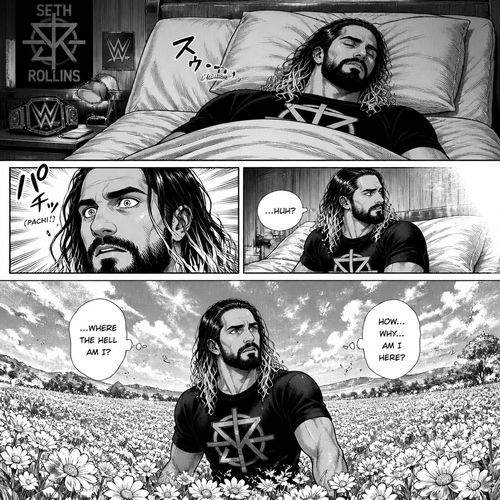 Seth Rollins was sleeping in his bed.Then he woke up…On a field of flowers,He was confused as to how and why he was there