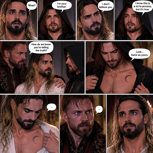 (Recap) Seth Rollins (The vampire hunter turned Bride of the vampire king) was looking at himself in the mirror reeling in the fact that he’s getting married to the vampire king next week,his heart knows that,Then he saw a mysterious figure (Aj Styles) who was standing right behind him in the reflection,Jon Moxley (The vampire king) was handling the wedding preparations,then he heard a loud crash and Seth yelling “LET ME GO!!!” In the bedroom,he used his vampire speed to rush to the bedroom,The mysterious figure tries to drag Seth out the window,Seth struggles,Jon arrives just in time and attacks the mysterious figure,after that he rushes to Seth to see if he’s ok,the mysterious figure slowly gets up,Jon is about to attack,Then the mysterious figure spoke “Wait!”,”Seth…please listen to me,Seth was confused by how the man knew his name,The mysterious figure takes off his hood and drops a bombshell “My name is Aj…I’m your brother Seth,Jon and Seth were shocked by what he said. (And now part 7). Seth was stunned. “What?” Seth asked. “I’m your brother” said Aj. Seth shook his head a little. “I don’t believe you” Said Seth. “I know this is a lot to process,but it’s true” said Aj. Jon gently pulled Seth to his side. “How do we know you’re telling the truth?” Jon asked cautiously. Aj shows his birthmark,It’s the shape of a crescent moon…just like Seth’s