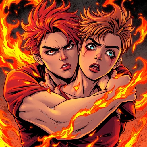 Teenage boy David grabs Sarah neck and burns her skin off with his red fire