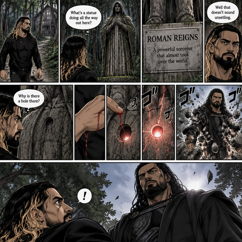 Seth Rollins was walking in the woods near his house,Then…he discovered an old statue Of a man in a cloak (Roman Reigns). “What’s a statue doing all the way out here?” Seth asked himself. He looks at the nameplate “Roman Reigns,A powerful sorcerer that almost took over the world”. “Well that doesn’t sound unsettling” Seth said to himself sarcastically. Then he noticed a hole on the statue. “Why is there a hole there?” Seth asked himself. Then….Seth somehow accidentally cut his hand. A little bit of his blood dripped into the hole,Then…..the hole started glowing,Then the statue….started to crack. Then…the statue broke apart….revealing…the sorcerer himself. Seth was shocked. The sorcerer looked down at Seth