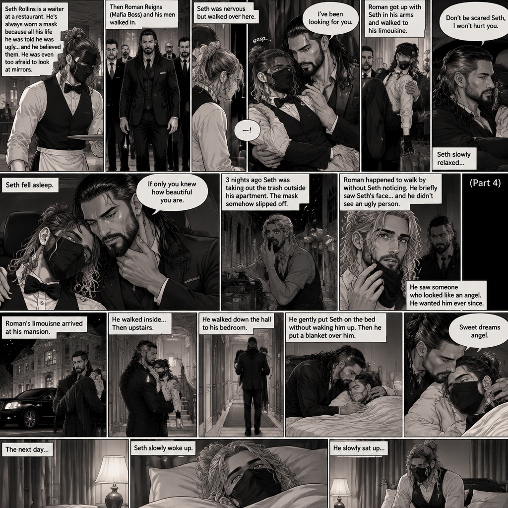 (Recap) Seth Rollins is a waiter at a restaurant,He’s wearing a mask that covers his face because all his life he was told he was ugly and he believed them,He’s also was even too afraid to look at mirrors,Then Roman Reigns (Mafia Boss) and his men walked in,Seth was nervous but walked over here,Roman wrapped his arm around Seth’s waist and pulled him onto his lap,Seth gasped softly,Roman stated that he’s been looking for him,He got up with Seth in his arms and walked to his limousine,He put Seth on the seat,Then he got in and sat beside him,The driver drove away,Roman Wrapped his arm around Seth,”Don’t be scared Seth,I won’t hurt you” Roman Said softly. Seth slowly relaxed,Roman gently rubbed Seth’s back,Seth fell asleep,Roman gently traced the mask on Seth’s face,”If only you knew how beautiful you are” Roman said Softly,3 nights ago Seth was taking out the trash outside his apartment,Roman happened to walk by without Seth noticing,The mask somehow slipped off Seth’s face,He panicked and picked it up and put it back on,Roman briefly saw Seth’s face,He didn’t see an ugly person,he saw someone who looked like an angel,He wanted him ever since. (And now part 4). Roman’s limousine arrived at his mansion. He got out while holding the sleeping Seth in his arms. He walked inside,Once he got inside he walked upstairs. He walked down the hall to his bedroom. He got in his bedroom,Then he gently put Seth on the bed without waking him up,Then he put a blanket over him. He gently kissed Seth’s forehead. “Sweet dreams angel” Roman said softly. The next day,Seth slowly woke up. He slowly sat up