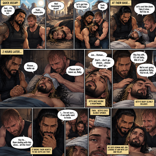 (Quick recap!) Roman reigns and Jon Moxley are in a post apocalypse,They complained about the heat,They see a man passing out because he got over heated,Turned out to be Seth Rollins (The love of their lives btw),They take him to their base and cool them off. (Now onto part 2!).2 hours have passed,Seth was still unconscious,Roman and Jon never left his side.Roman Gently held Seth’s hand. “Please…wake up” Roman pleaded softly.Jon gently stroked Seth’s head.”Please don’t leave us,Baby” Jon pleaded softly.Then….They heard Seth subconsciously speaking their names “Jon…Roman”. “Don’t…don’t go…please…please don’t go” Seth Said in his subconscious.He was having a nightmare. “Hey hey shh,It’s ok baby,Shh it’s ok” Jon said softly. “We’re not going anywhere Baby,You’re ok,Shh” Roman said softly. Seth’s body slowly relaxed.It broke their hearts to see Seth like that.Jon’s voice cracked a little while he spoke. “Has he…Been dealing with this alone…all this time?” Asked Jon.Roman couldn’t even bear the thought of it. “I…I’m not sure…if we really want to know” said Roman.They looked at Seth..Before they looked away…Seth’s eyes slowly opened.He sees Roman and Jon looking at him with joy and relief