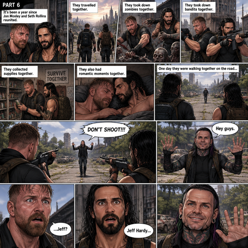(Part 6). Still in the zombie apocalypse. “it’s been a year since Jon Moxley and Seth Rollins reunited. They travelled together,They took down zombies together,They took down bandits together,They collected supplies together,They also had romantic moments together. One day they were walking together on the road…Then…..they see a person approaching them from the distance. They raise their weapons at the person just to make sure that the person wasn’t a threat. The person raised his hands and shouted “DON’T SHOOT!!!”. They recognized that voice…It was Jeff Hardy. They were shocked. Jeff waved at them and said “Hey guys”