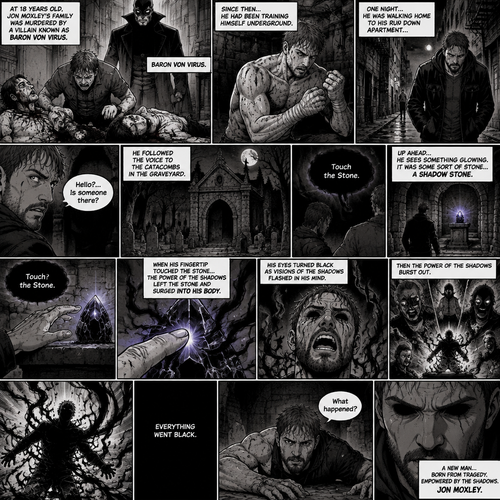 Jon Moxley as a vigilante born from tragedy. When he was 18 years old his family was murdered by a villain known as Baron Von Virus. Since then he had been training himself underground. One night he was walking home to his run down apartment…then he heard a mysterious voice call out his name. “Hello?…Is someone there?” Jon asked. It called out his name again. He followed the voice to the catacombs in the graveyard. Up ahead…He sees something glowing. It was some sort of stone…a shadow stone. Then the voice repeats “Touch the Stone”. Jon slowly walks towards the stone,His hand reaches out. When his fingertip touched the stone…the power of the shadows left the stone and surged into His body. His eyes turned black as visions of the shadows flashed in his mind. Then the power of the shadows burst out. Everything went black. After a while,Jon opened his eyes. “What happened?” Jon asked himself
