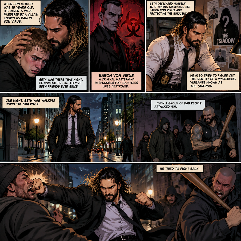 Seth Rollins is a detective. He and Jon Moxley had been friends for years. When Jon was 18 years old His parents were murdered by a villain known as Baron Von Virus. Seth comforted him that night. Ever since then Seth dedicated himself to stopping criminals like Baron Von virus and protecting the innocent. He was also trying to figure out the identity of a mysterious Vigilante known as the shadow. One night he walking down the sidewalk,Then a group of bad people attacked him. He tried to fight back
