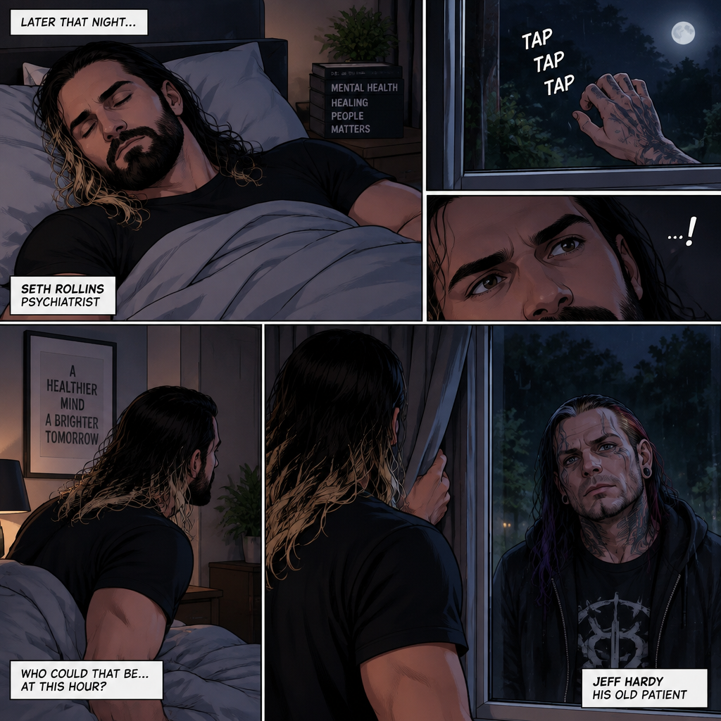 (Part 3) It’s nighttime,Seth Rollins (Psychiatrist) was asleep in his bed,Then…He heard a tap on his window,It was Jeff Hardy his old patient