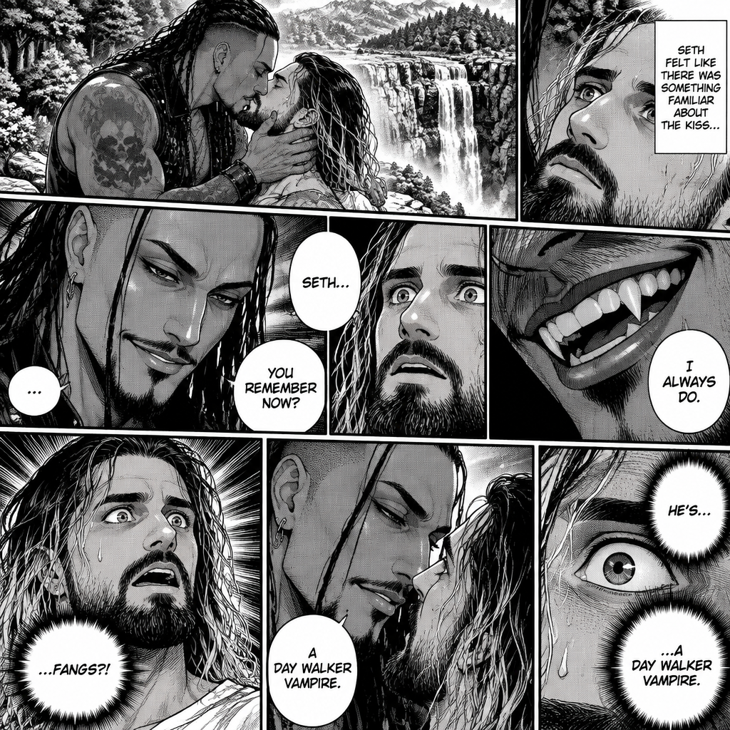 Part 5. Still at the cliff near the forest clearing with the waterfall view. The mysterious man (WWE superstar Damien priest) was kissing Seth Rollins. Seth felt like there was something familiar about the kiss. The man then smiled at him. Seth….then noticed….fangs in the man’s teeth…and realized…he’s a day walker vampire