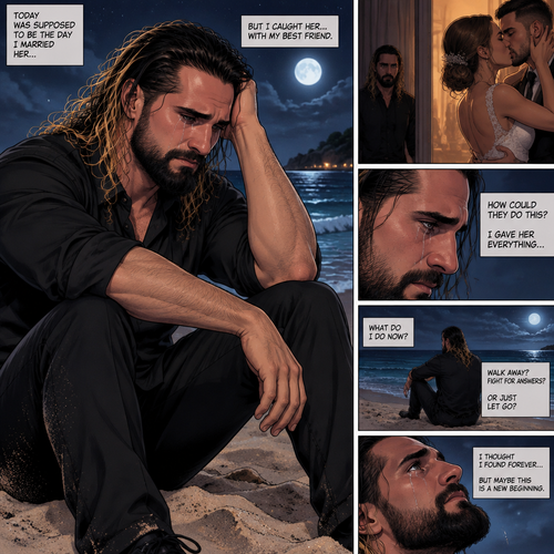 Seth Rollins was on a beach alone at night crying. He was about to be married today….but he caught the bride cheating on him with his best friend. He’s lost in thought about what to do