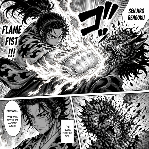 Senjiro kills the demon with a flame fist