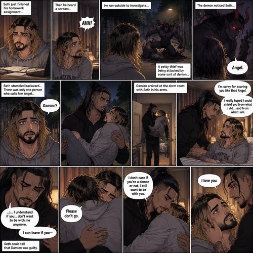 (Recap). Seth Rollins (College student) and Damien Priest (The bad boy) had been dating for 3 months now,Damien had been acting strangely possessive and protective of Seth,Anyone who ever picked on Seth had mysteriously disappeared,Nobody knew why,One night Seth just finished his homework assignment,He was about to get ready for bed,then he heard a scream,He ran outside to investigate,When he got to the source of the scream he saw A petty thief Getting attacked by some sort of demon,Seth got scared,The demon noticed Seth,Seth stumbled backward,The demon slowly walked towards Seth as if it didn’t want to scare him any further,Seth’s heart was pounding with fear,Then the demon spoke “Angel”,Seth’s eyes widened,There was only one person who calls him Angel,“Damien?” Seth asked,Damien Gently picked Seth up in his arms,He walked towards the dorm room with Seth In his arms. (And now Part 5). He arrived at the dorm room with Seth in his arms. He gently put Seth down on the bed. “I’m sorry for scaring you like that Angel” Damien said softly. “I really hoped I could shield you from what I did…and from what I am” Damien continued softly. Seth could tell that Damien was guilty. “..I…I understand if you…don’t want to be with me anymore” Damien said with a sad tone. “I can leave if you-“ Seth cuts Damien off with a hug. “Please don’t go” Seth said softly. Damien hugged him back. “I don’t care if you’re a demon or not,I still want to be with you” Seth said Softly. Damien’s heart fluttered a little. “I love you” Seth said Softly