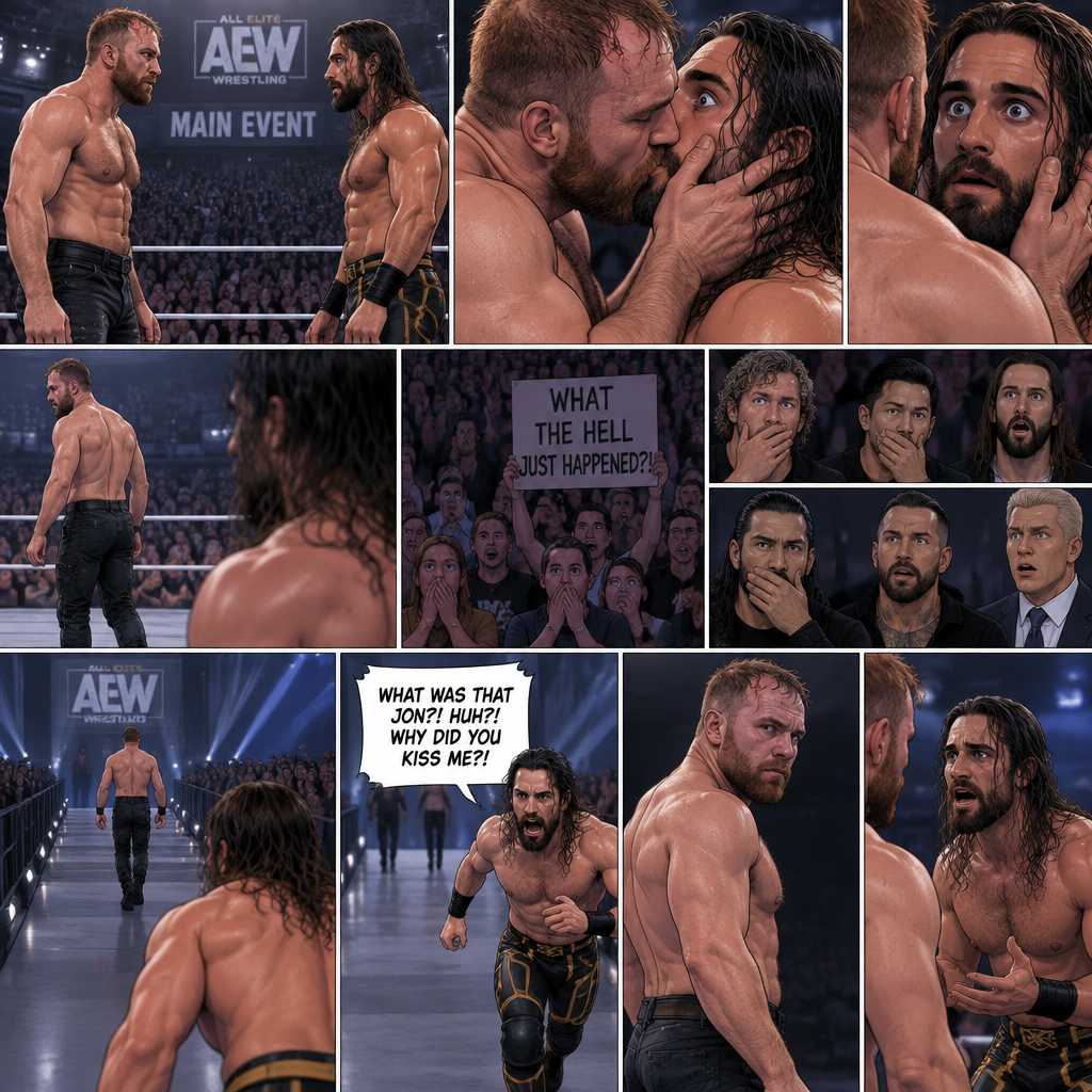 Jon Moxley and Seth Rollins were in a match against each other. It’s the main event. It seemed like it was gonna go on for a while…but then….something unexpected happened. Jon cupped his hands on Seth’s face….pulled him in…and kissed him. Seth’s eyes widened,The fans went crazy with shock,even some of the superstars that were watching were shocked. Jon then pulled away. Seth just stood there stunned. Jon didn’t say a word,he walked out of the ring and walked up the ramp. Seth eventually snapped out of it and left the ring to run to Jon. He managed to catch up to him. “What was that Jon?! Huh?! Why did you kiss me?!” Seth asked. Jon stopped walking and looked at Seth,He still didn’t say a word