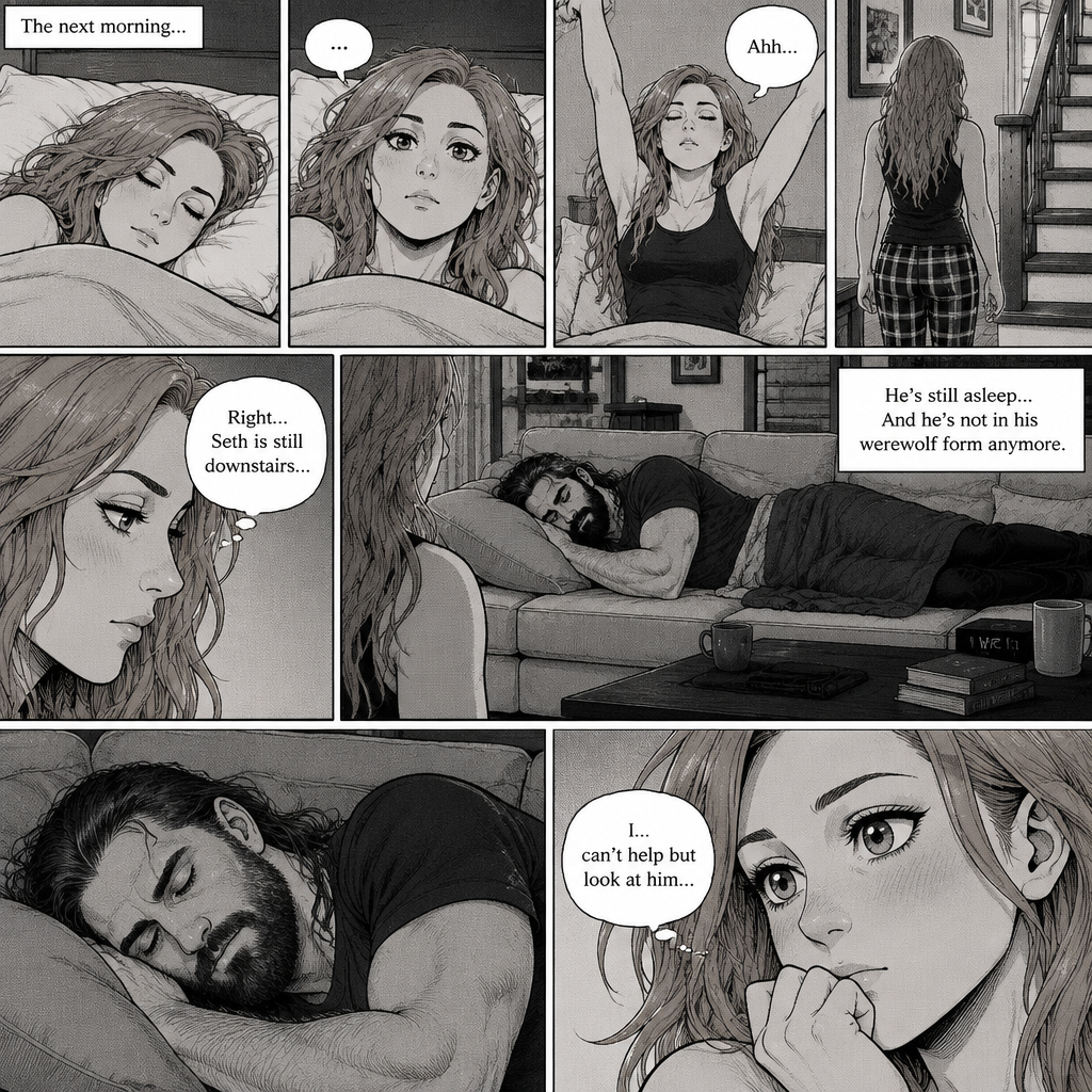 (Part 3 of the werewolf x human story) The next morning,Becky Lynch was asleep in her bed. Then she woke up. She got up and stretched her arms. She walked downstairs…then she remembered that the Werewolf (Seth Rollins) was asleep downstairs. She checked in on him. He was still asleep…and he wasn’t in his werewolf form anymore. She couldn’t help but look at him