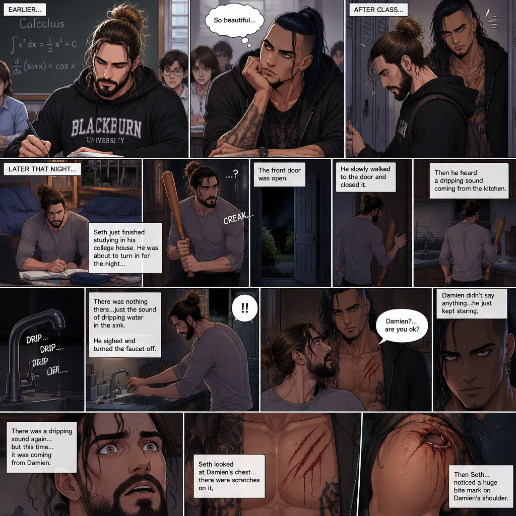 (Recap) Seth Rollins (College student) Arrives at math class and sits at his usual desk,Damien Priest (The bad boy) arrives as well,He sits on the desk next to Seth,Seth was focusing on the math lesson…Damien wasn’t,He was only focusing on Seth like he was the most beautiful angel he’s ever seen,”So beautiful” Damien thought in his mind,After class ended Seth was at his locker when suddenly Damien appeared behind him startling Seth. (And now part 2). It was late at night,Seth just finished studying in his college house. He was about to turn in for the night….Then he heard a noise coming from downstairs. He grabbed a bat and slowly walked downstairs…the front door was open. A sense of dread washed over him. The slowly walked to the door and closed it,Then he heard a dripping sound coming from the kitchen. He slowly walked to the kitchen to investigate,there was nothing there…just the sound of dripping water in the sink,He sighed and walked to the sink and turned the faucet off. He turned around….And got spooked….Damien was standing right behind him. Damien was staring right at Seth with a blank expression on his face. “Damien?…are you ok?” Seth asked. Damien didn’t say anything…he just kept staring. There was a dripping sound again…but this time…it was coming from Damien. Seth looked at Damien’s chest….there were scratches on it,Then Seth…noticed a huge bite mark on Damien’s shoulder