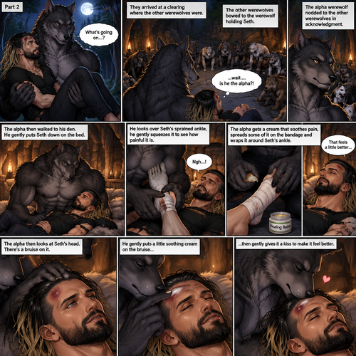 (Quick Recap!) Seth Rollins was lost in the woods at night,he encountered a werewolf,got scared and ran,tripped and rolled on a steep hill,Injured his ankle and hit his head at the bottom,werewolf caught up to him,sniffed him and called him his mate,lifted him in his arms and walked into the woods. (Now onto part 2 of the werewolf x human story!).The werewolf was walking in the woods while holding Seth in his arms.Seth was confused as to what’s going on.They arrived at a clearing where the other werewolves were,They bowed to the werewolf holding Seth. “…wait….is he the alpha?!” Seth said in his mind.The alpha werewolf nodded to the other werewolves in acknowledgment,he the walked to his den.He gently puts Seth down on the bed,then he looks over his sprained ankle,he gently squeezes it to see how painful it is,Seth groans in pain.The alpha werewolf gets a cream the soothes pain,spreads some of it on the bandage and wraps it around Seth’s ankle.Seth now feels a little less pain on his ankle.The alpha then looks at Seth’s head,There’s a bruise on it.He gently puts a little soothing cream on the bruise,then gently gives it a kiss to make it feel better