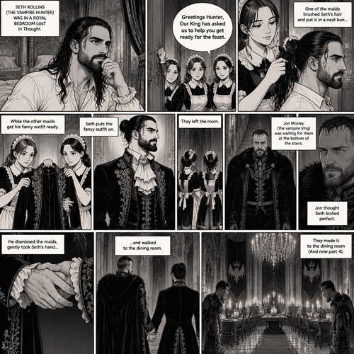 (Recap) Seth Rollins (The vampire hunter) was in a royal bedroom lost in thought,The maids knocked on the door and said “Greetings Hunter,Our King has asked us to help you get ready for the feast”,One of the maids brushed Seth’s hair and put it in a neat bun while the other maids get his fancy outfit ready,Seth puts the fancy outfit on,they left the room,Jon Moxley (the vampire king was waiting for them at the bottom of the stairs,Jon thought Seth looked perfect,He dismissed the maids,gently took Seth’s hand and walked to the dining room. (And now part 4). They made it to the dining room