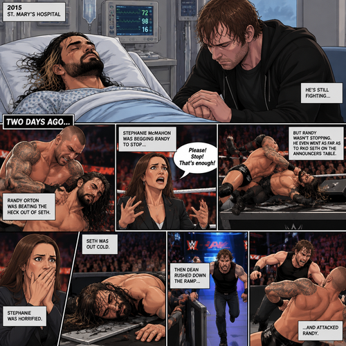 It’s the year 2015,We’re in a hospital. Seth Rollins was lying in a hospital bed unconscious. Dean Ambrose was sitting by his side and holding his hand. (What happened to Seth you ask? Well…let’s rewind to two days ago). Seth was in a match against Randy Orton. It was getting brutal. Randy was beating the heck out of Seth. Stephanie McMahon was begging Randy to stop…but Randy wasn’t stopping. He even went as far as to Rko Seth on the announcers table. Stephanie was horrified. Seth was out cold. Then Dean rushed down the ramp and attacked Randy