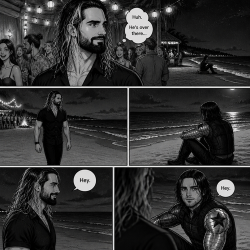 Seth Rollins is at a party,Then he sees Bucky sitting alone on the beach.He walks over to him. “Hey” said Seth. Bucky looked at him. “Hey” Said Bucky