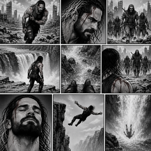 It’s a post apocalyptic world,Seth Rollins was on the run from bandits.He was badly injured but he kept running,running….then….He came across a cliff near a waterfall.The bandits were behind him,He slowly backed up till he was at the edge of the cliff.He looked at the bottom…and then he looked back at the bandits,They were slowly walking towards him.He knew he didn’t have a choice,He closed his eyes….and let himself fall backwards off the cliff and into the water