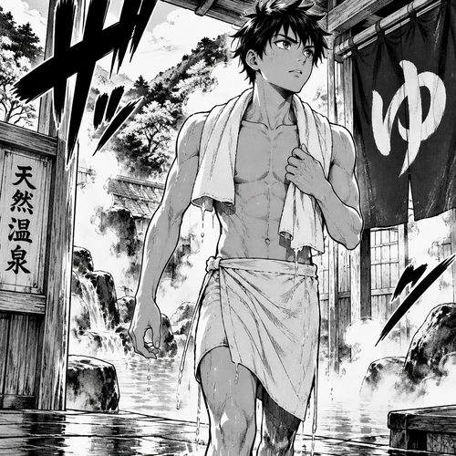 À boy walking out of the Japan traditional thermal source 