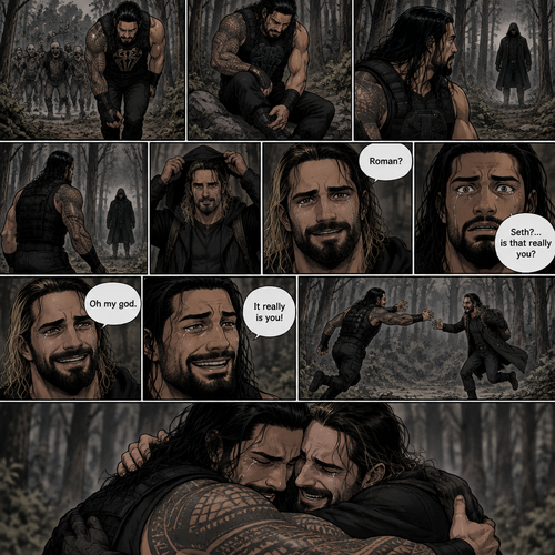 Roman Reigns is in a zombie apocalypse,He walking in the woods. He hurt his ankle while running away from a zombie horde. He’s far away from them and limping in the woods. The pain in his ankle was too much to ignore so he sat down on a rock,he sat there for a while….then….he heard distant footsteps. He looked behind him. There’s a hooded figure in the distance. He slowly stood up,he had his guard up. The hooded figure stopped walking. They were silent for a while. Then….the hooded figure took off his hood…it was….Seth Rollins. “Roman?” Said Seth. Roman’s eyes widened. “Seth?…is that really you?” Roman asked. Seth slowly smiled with joy. “Oh my god” Seth said softly. Roman slowly smiled and tears of joy welled up in his eyes. “It really is you!” Said Roman. Roman limped towards Seth while Seth runs towards Roman. They hugged each other and cried tears of joy