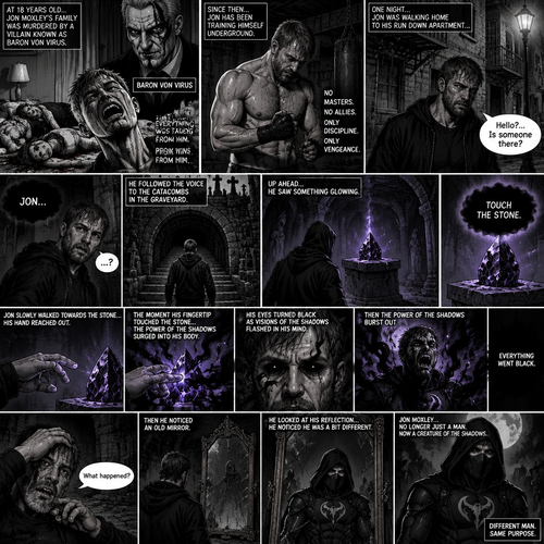 Jon Moxley as a vigilante born from tragedy. When he was 18 years old his family was murdered by a villain known as Baron Von Virus. Since then he had been training himself underground. One night he was walking home to his run down apartment…then he heard a mysterious voice call out his name. “Hello?…Is someone there?” Jon asked. It called out his name again. He followed the voice to the catacombs in the graveyard. Up ahead…He sees something glowing. It was some sort of stone…a shadow stone. Then the voice repeats “Touch the Stone”. Jon slowly walks towards the stone,His hand reaches out. When his fingertip touched the stone…the power of the shadows left the stone and surged into His body. His eyes turned black as visions of the shadows flashed in his mind. Then the power of the shadows burst out. Everything went black. After a while,Jon opened his eyes. “What happened?” Jon asked himself. Then he noticed an old mirror. He looked at his reflection…he noticed he was a bit different. He was wearing some sort of black vigilante suit with a shadow symbol in the middle and hood over his head and he was wearing a mask on his face