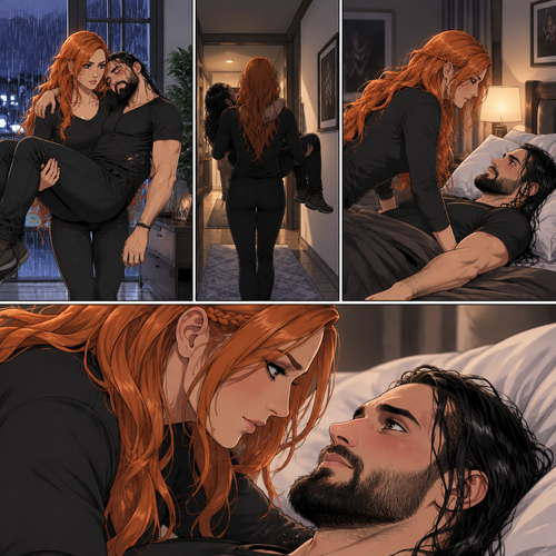 Part 3.Still is Seth Rollins’s house,Still raining outside,Becky Lynch was holding Seth Rollins in her arms,She walked to his bedroom while holding him.She gently put him down on the bed.He looked up at her while blushing.