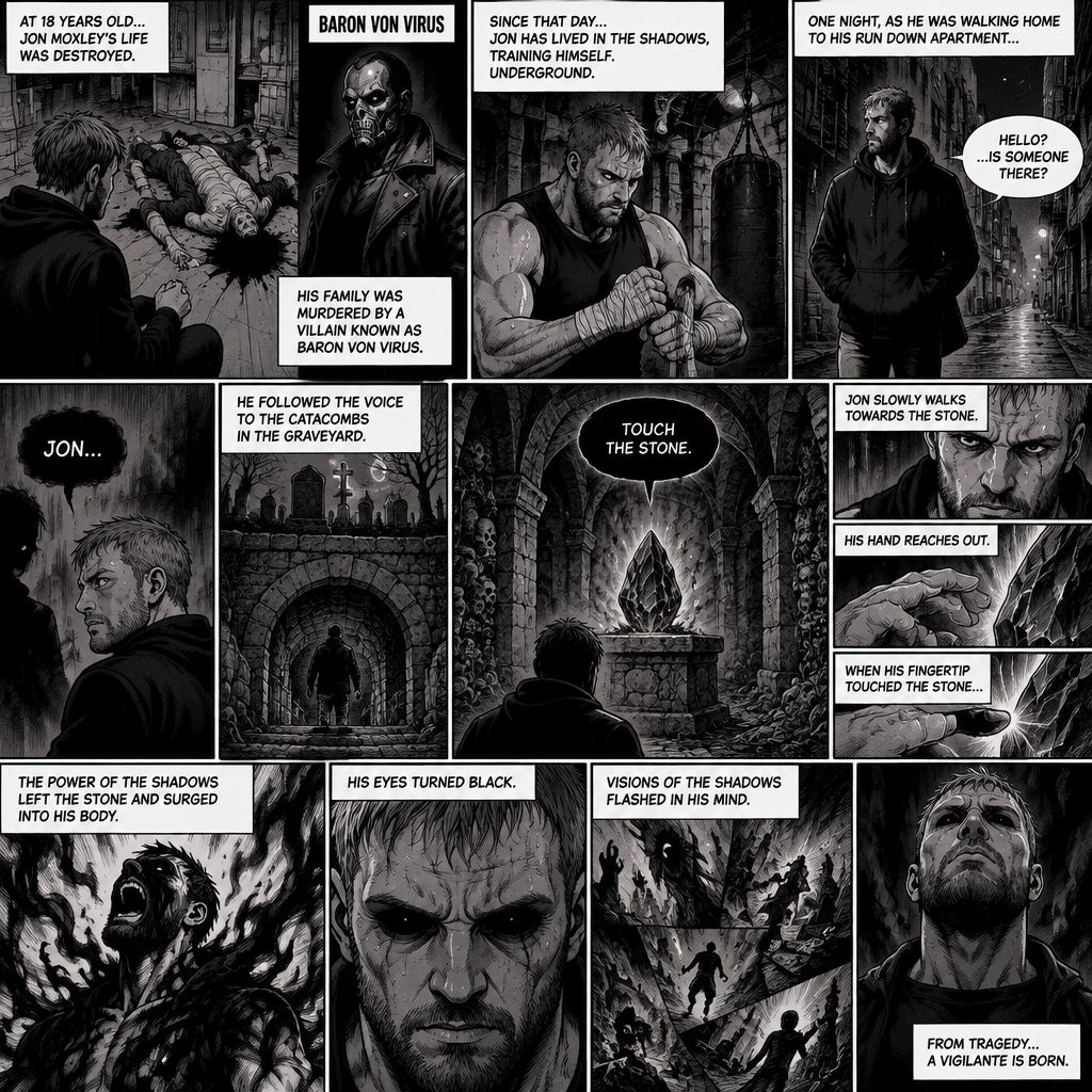 Jon Moxley as a vigilante born from tragedy. When he was 18 years old his family was murdered by a villain known as Baron Von Virus. Since then he had been training himself underground. One night he was walking home to his run down apartment…then he heard a mysterious voice call out his name. “Hello?…Is someone there?” Jon asked. It called out his name again. He followed the voice to the catacombs in the graveyard. Up ahead…He sees something glowing. It was some sort of stone…a shadow stone. Then the voice repeats “Touch the Stone”. Jon slowly walks towards the stone,His hand reaches out. When his fingertip touched the stone…the power of the shadows left the stone and surged into His body. His eyes turned black as visions of the shadows flashed in his mind