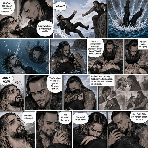 Part 6.Seth Rollins got scared after discovering that the mysterious man (WWE superstar Damien Priest) is a day walker vampire. Seth shoved the man off him…which caused Seth to Stumble and fall off the cliff backwards,Then he hit the water and lost consciousness after. The man was horrified and dived into the water to save Seth,He managed to reach him. He then swam up to the shore with Seth in his arms,He gently put Seth down on the shore. The man panicked,He thought he was gonna lose Seth..again. “No no no Seth please! wake up!please Mi amor! I CAN’T LOSE YOU AGAIN!!!” Said the man. The man then started CPR on Seth hoping he could save him. He kept trying and trying…then…Seth Spat out water and coughed. The man was very relieved,He gently pulled Seth in his embrace while Seth was catching his breath. “You’re okay,You’re ok..I got you,Mi amor..I got you” The man Said softly. As Seth was catching his breath…Flashbacks…of his past life…flashed in his mind. After a while Seth looked up at….The love of his past life..and said his name “Damien…Mi ángel”. Damien was happy that Seth remembered him at long last.,He gently stroked his cheek. “Yes Mi amor..I’m here” Damien said softly. Seth hugged and Damien and cried. “I’m sorry! I’m so sorry!” Seth said through his tears. Damien hugged Seth back and tried to comfort him. “Shh,Seth,Shh,I’m here mi amor,I’m here” Damien said softly. Damien gently rubbed Seth’s back while Seth cried
