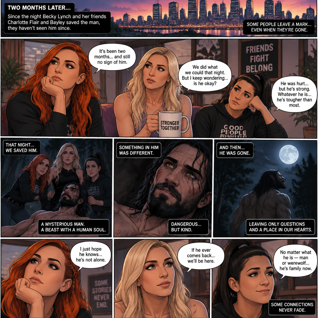 (Part 2 of the Werewolf X human story). It’s been two months since the night Becky Lynch and Her friends Charlotte Flair and Bayley saved the Man (Seth Rollins). They haven’t seen him since