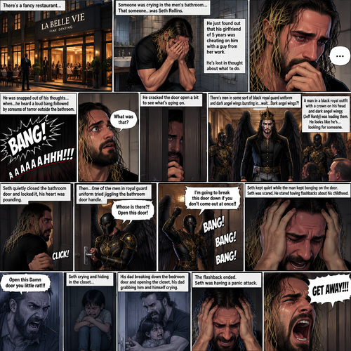 There’s a fancy restaurant,someone was crying in the men’s bathroom,That someone…was Seth Rollins. He just found out that his girlfriend of 5 years was cheating on him with a guy from her work. He’s Lost in thought about what to do. He was snapped out of his thoughts…when…he heard a loud bang followed by screams of terror outside the bathroom. “What was that?” Seth asked himself. He cracked the door open a bit to see what’s going on. There’s men in some sort of black royal guard uniform and dark angel wings bursting in…wait…Dark angel wings?!. A man in a black royal outfit with a crown on his head and dark angel wings (Jeff Hardy) was leading them,He looks like he’s…looking for someone. Seth quietly closed the bathroom door and locked it,his heart was pounding. Then…One of the men in royal guard uniform tried jiggling the bathroom door handle. Seth slowly and quietly backed away from the door. The man in the royal guard uniform banged on the door. “Whose is there?! Open this door!” The man in the royal guard uniform yelled. Seth kept quiet while the man kept banging on the door. “I’m going to break this door down if you don’t come out at once!!” The man in the royal guard uniform yelled. Seth was scared,He stared having flashbacks about his childhood. His dad yelling at him “Open this Damn door you little rat!!!”. Seth crying and hiding in the closet,his dad breaking down the bedroom door and opening the closet,his dad grabbing him and himself crying. The flashback ended. Seth was having a panic attack. “GET AWAY!!!” Seth yelled at the door
