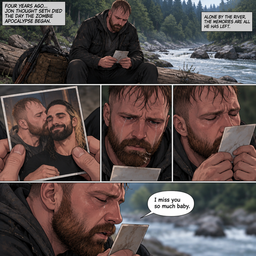 (Recap) Still in the Zombie Apocalypse. Seth Rollins’s world was still black after he fell down a waterfall and hit the water,The his body coughed out water,Then a familiar voice faded in saying “It’s ok baby,It’s ok baby,I got you”,he slowly opened his eyes,the familiar voice spoke again saying “That’s it baby,Open those beautiful eyes”,his vision cleared,he sees Jon Moxley looking down at him and holding him with tears of joy in his eyes,”Jon?” Seth asked weakly. (And now part 3) (This is Jon Moxley’s POV). Jon was sitting down on a log near the river alone looking sad. He looked at a romantic photo of Him and Seth before the zombie apocalypse began. Jon thought Seth died the day the zombie apocalypse began 4 years ago. Tears streamed down Jon’s face,He gently kissed the photo he’s holding. “I miss you so much baby” Said Jon