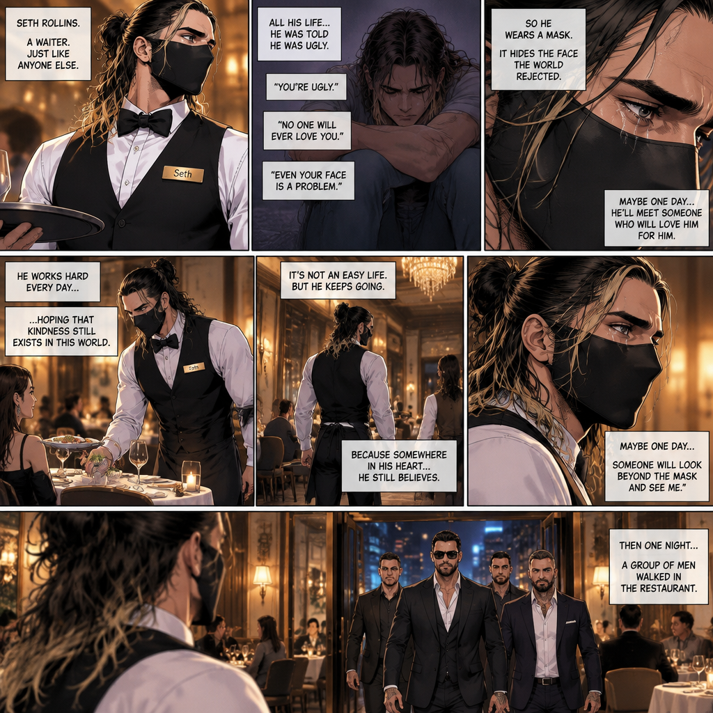 Seth Rollins is a waiter at a fancy restaurant,He’s wearing a mask that covers his face. The reason for that is heartbreaking. All his life he was told he was ugly and no one will love him. He was even too afraid to look at mirrors. He believed those words all those years. He hopes that one day…he’ll meet someone who would love him for him. One night he was working at the restaurant as usual…then suddenly….a group of men walked in the restaurant