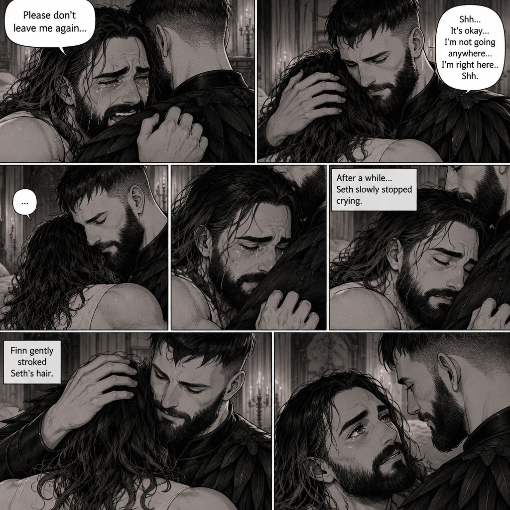 (Recap). Seth Rollins was taken from his tent by the mysterious creature (Finn Bálor) while he was asleep,Seth woke up in a royal bedroom,The mysterious creature walked in,Seth was scared,The mysterious creature gently placed his hand on Seth’s cheek,Seth’s body strangely relaxed under The creature’s touch,Seth had no idea why,Seth thought there was something familiar about the creature almost as if he’s met him before,Then the creature spoke “Remember me?”,After he heard the creature’s voice memories flashed in Seth’s mind,They were of himself and Finn Bálor,From enemies to friends And the time they got drunk at a bar and got a little TOO close,All those memories hit Seth all at once,He was getting a little overwhelmed,Then He finally spoke “Finn?”,Finn smiled and nodded,Tears welled up in Seth’s eyes,Finn gently pulled Seth into a hug as Seth started crying,He gently rubbed Seth’s back,”I thought you died because of me” Seth said while sobbing,Finn remembers the car accident they were in,”Shh…it’s okay…I’m here” Finn said softly. (And now part 4). Seth was still crying. Finn gently rubbed his back. Seth was holding onto Finn tightly…as if he was scared that Finn would disappear from him again. “Please don’t leave me again” Seth said through his tears. “Shh…It’s okay…I’m not going anywhere…I’m right here..Shh” Finn said softly. After a while,Seth slowly stopped crying. Finn gently stroked Seth’s hair