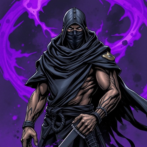 A strong black male with battle wounds and a black ski mask on his face. A purple evil aura circulating him with a ski mask on with no eyes and mouth coming out. Wearing a all black out poncho 