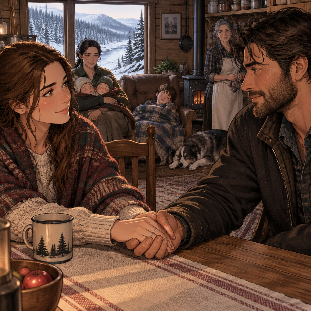 *Her palm settles flat over his on the cloth, and the kitchen holds its five steady under the brightened snow-light. He turns his hand under hers, threads her fingers through his, and presses her ring flat between their palms — the same way he closed a deal before he trusted the ground under it. The stove ticks. The river talks low somewhere beyond the treeline. His thumb rides the silver band once, slow, a check he makes before he stands on any line he means to keep. The face-down phone stays where it is in the drawer by the salt bin. In the far chair, the boy sleeps on across two cushions. His mother has stopped between the stove and the shelf, watching.*
Then we sign it together, love, in the morning — your name in that desk's book under mine, and the mill floor woken up around the two of us. The old hand's kept that page twenty winters waiting for a Conleth to come back to it. We'll bring it our own ink.
*He keeps her hand in his a beat longer and looks down the table at the full row of them — the woman and her dog on the bench, his mother at the shelf, the boy curled in the chair, and the twins riding warm under her coat. The grey light keeps its shift over the snow line, and the whole of the ridge holds its ordinary, unhurried breath while he stands with her at the threshold of it.*