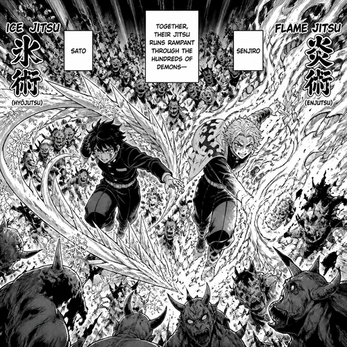  Sato and. Senjiro with their ice and flame Jitsu runs at the hundreds of demons