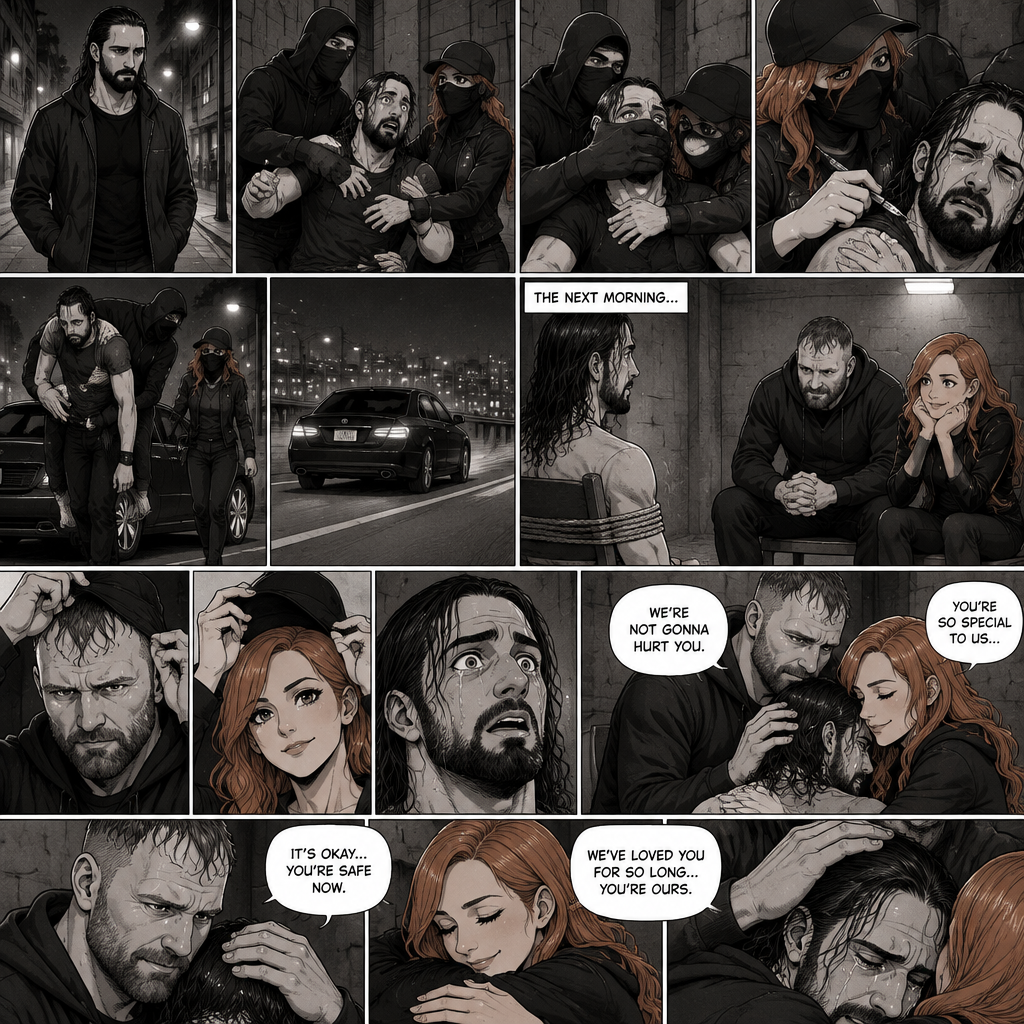 Seth Rollins was walking alone at night,Then….as he walked past an alley…A man and a woman wearing masks grabbed him.They dragged him into the alleyway,He was struggling.The masked man covered Seth’s mouth before he could call for help.Seeing that he was still struggling The masked woman injected a sedative into Seth’s body,Despite his efforts to resist it Seth slowly drifted into unconsciousness.The masked man carried him to his car with the masked woman following behind,they got into it and drove away.The next morning,Seth slowly regained consciousness,He was in some sort of basement tied to a chair.The masked man and masked woman were sitting in front of him…looking at him…as if he were the most precious thing in the world to them.They took off their masks,Seth couldn’t believe it….It was Jon Moxley and Becky Lynch!! Turns out they’ve been obsessed with him for a long time.Seth felt overwhelmed,Tears streamed down his face.Jon and Becky saw this and walked over to hug Seth and gently comforted him.They reassured him that they’re not gonna hurt him.Jon gently stroked Seth’s head and Becky gently rubbed his back