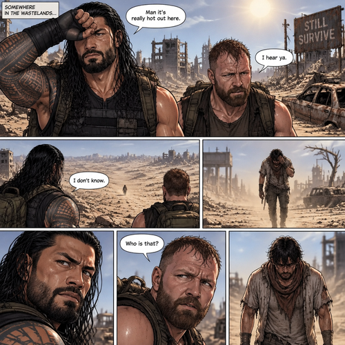 It’s a post apocalyptic world,Roman Reigns and Jon Moxley were side by side surviving the apocalypse together.They fought Bandits and raiders and scavenged for supplies.One day it was really hot outside. “Man it’s really hot out here” Said Roman. “I hear ya” Said Jon.They were about to head back to their base…then they see a person in the distance,He looked like he was overheating. “Who is that?” Asked Jon “I don’t know” said Roman.The person must’ve saw them because he began to walk towards them