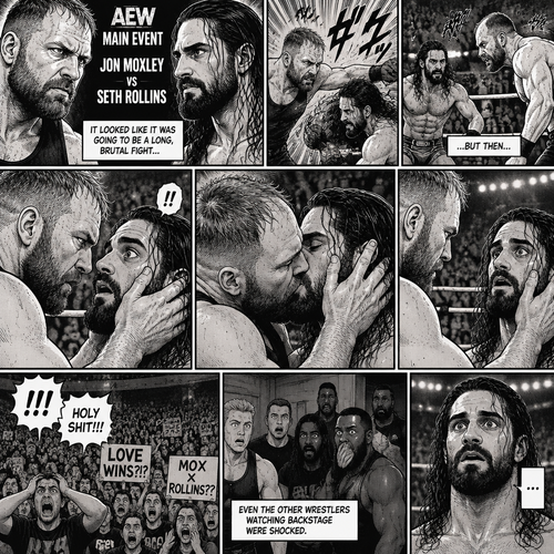 Jon Moxley and Seth Rollins are in a match against each other. It’s the main event. It seems like it was gonna go on for a while…but then….something unexpected happened. Jon…cupped his hands on Seth’s face…pulled him in….and kissed him. Seth’s eyes widened ,the fans went crazy with shock,even some of the other wrestlers that were watching backstage were shocked. Jon pulled away. Seth just stood there stunned