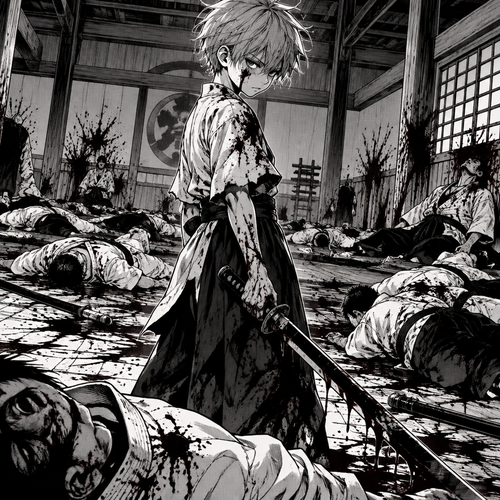 Kid boy slaughtered his whole dojo remove words . With gray hair 
