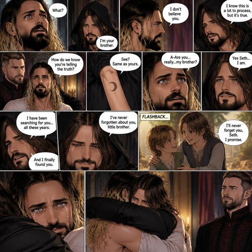 (Recap) Seth Rollins (The vampire hunter turned Bride of the vampire king) was looking at himself in the mirror reeling in the fact that he’s getting married to the vampire king next week,his heart knows that,Then he saw a mysterious figure (Aj Styles) who was standing right behind him in the reflection,Jon Moxley (The vampire king) was handling the wedding preparations,then he heard a loud crash and Seth yelling “LET ME GO!!!” In the bedroom,he used his vampire speed to rush to the bedroom,The mysterious figure tries to drag Seth out the window,Seth struggles,Jon arrives just in time and attacks the mysterious figure,after that he rushes to Seth to see if he’s ok,the mysterious figure slowly gets up,Jon is about to attack,Then the mysterious figure spoke “Wait!”,”Seth…please listen to me,Seth was confused by how the man knew his name,The mysterious figure takes off his hood and drops a bombshell “My name is Aj…I’m your brother Seth,Jon and Seth were shocked by what he said. (And now part 7). Seth was stunned. “What?” Seth asked. “I’m your brother” said Aj. Seth shook his head a little. “I don’t believe you” Said Seth. “I know this is a lot to process,but it’s true” said Aj. Jon gently pulled Seth to his side. “How do we know you’re telling the truth?” Jon asked cautiously. Aj shows his birthmark,It’s the shape of a crescent moon…just like Seth’s. Seth was stunned,All this time….he thought he was the only one with that birthmark. “A-Are you…really..my brother?” Seth asked. “Yes Seth…I am” said Aj. “I have been searching for you…all these years” Aj paused,Tears welling up in his eyes. “And I finally found you” Aj continued. Seth didn’t know what to say,Neither did Jon. “I’ve never forgotten about you,little brother” Said Aj. Something flashed in Seth’s mind…it was a memory….of himself and Aj when they were little. Aj (as a kid) had promised Seth he would never forget him. The flashback ends. Tears welled up in Seth’s eyes. Seth and Aj hugged each other. Jon just watched.